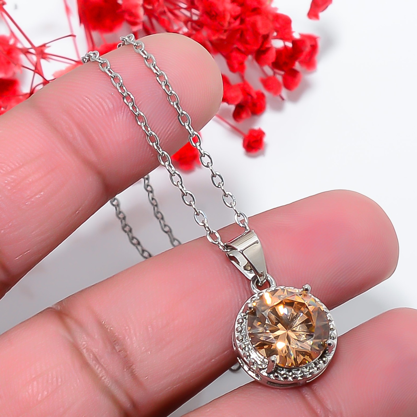 Morganite & Cz 925 Sterling Silver Pendant With Adjustable Chain 18-20″ CP146917