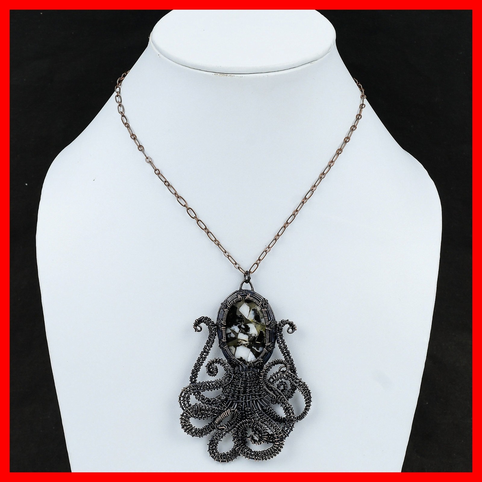 Copper Oval Natural Copper Black And White Turquoise Wire Wrap Pendant Jewelry