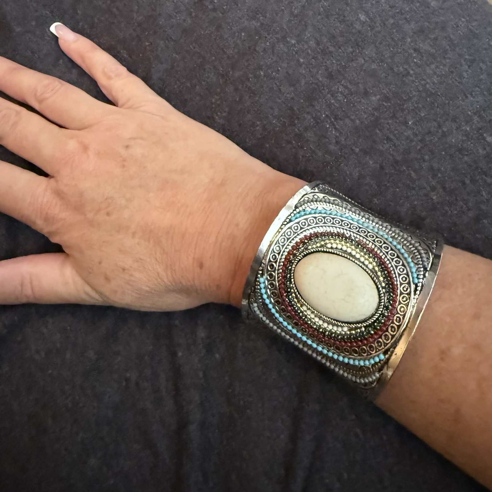 Silver Tone Wide Cuff Bracelet Oval White Cabochon Bezel Blue/Red Accents