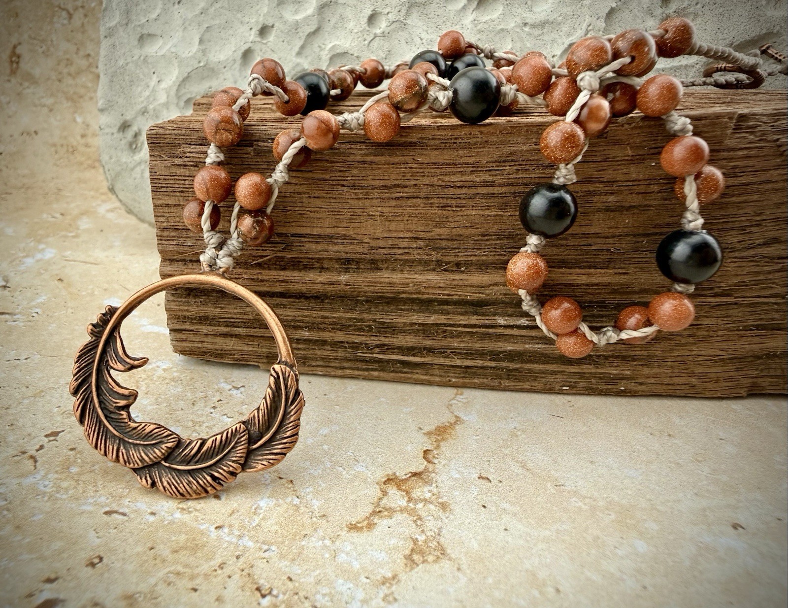 Copper Feather Pendant Necklace, Red Goldstone Crystal Ebony Wood. USA Artisan