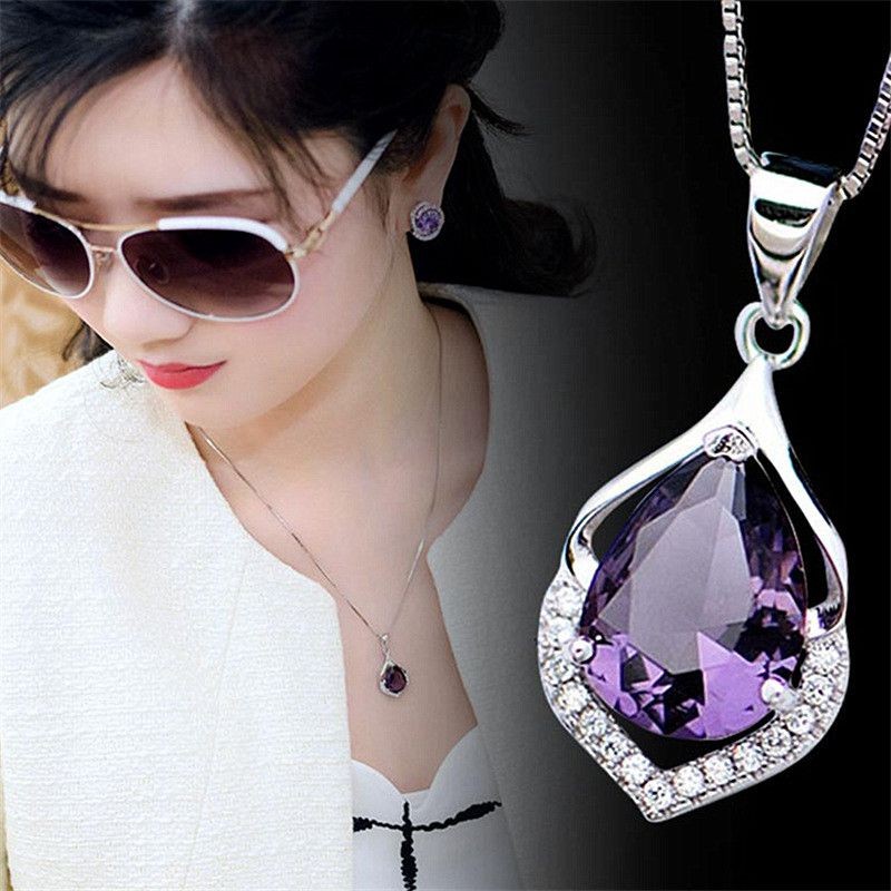 Women’s Amethyst Necklace Elegant Crystal Chain Pendant Jewellery Silver