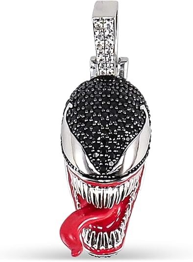 Venom Character Face Charm Pendant Simulated Black Diamond 14K White Gold Plated
