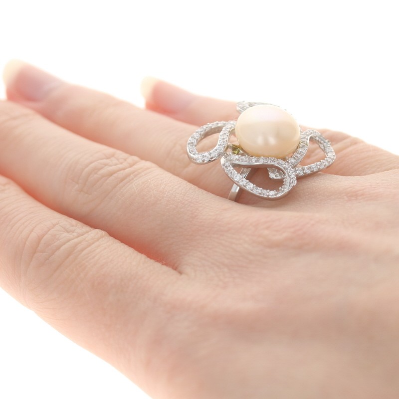 New Cultured Light Pink Pearl CZ Flower Halo Ring – Sterling Silver Size 7