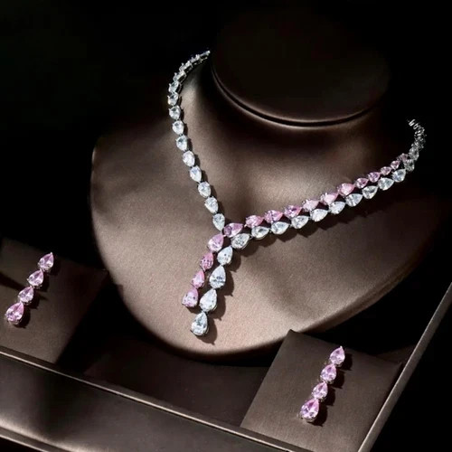 18K White Gold Filled Lab-Created Pink Sapphire Necklace Earring Set Bridal Gift