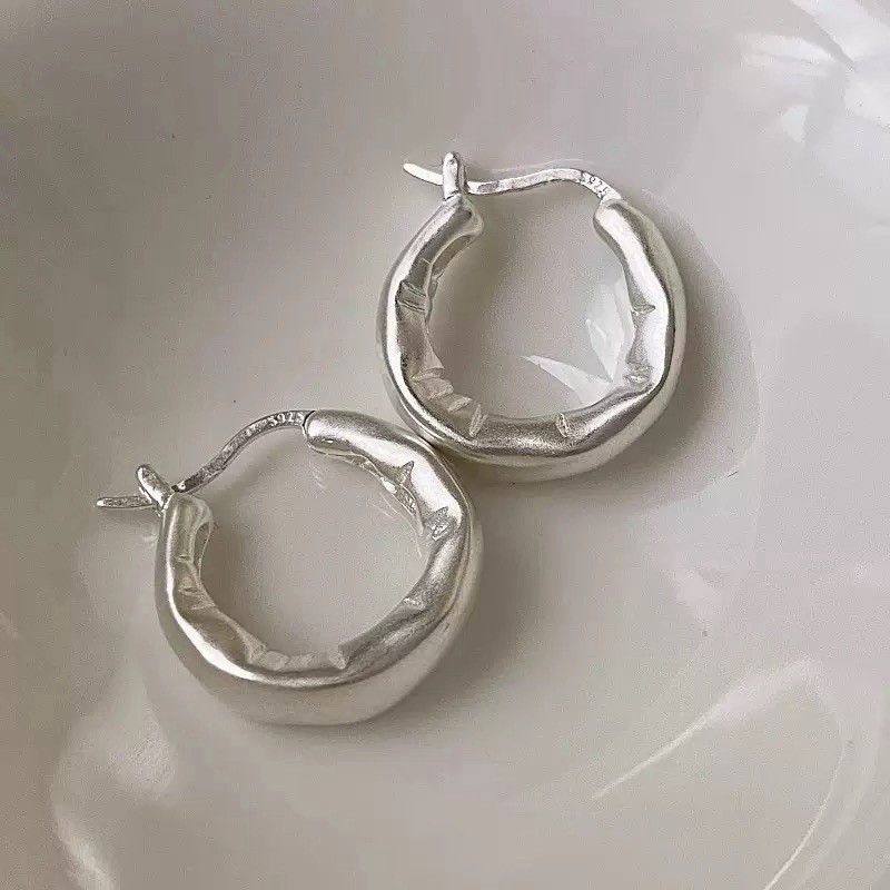 925 Silver Wrinkled Chunky Hoop Earrings Organic Huggie Hoops for women 243