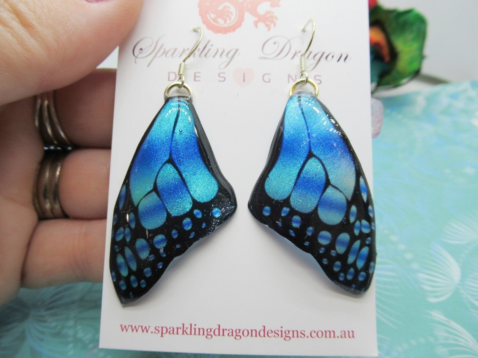 Butterfly Wing Medium Size Earrings Blue Stained Glass- Fairy Jewellery, Fairy