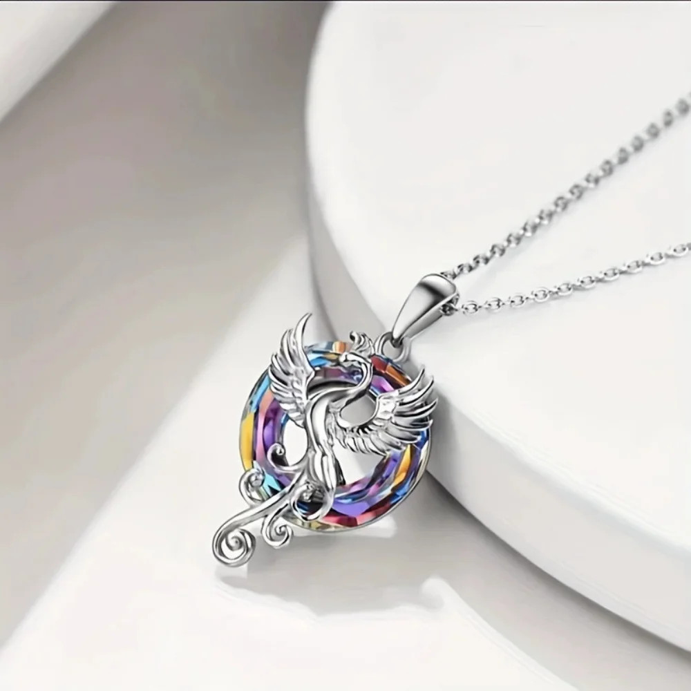 Crystal Phoenix Wings Pendant Necklace Colorful Firebird Clavicle Chain