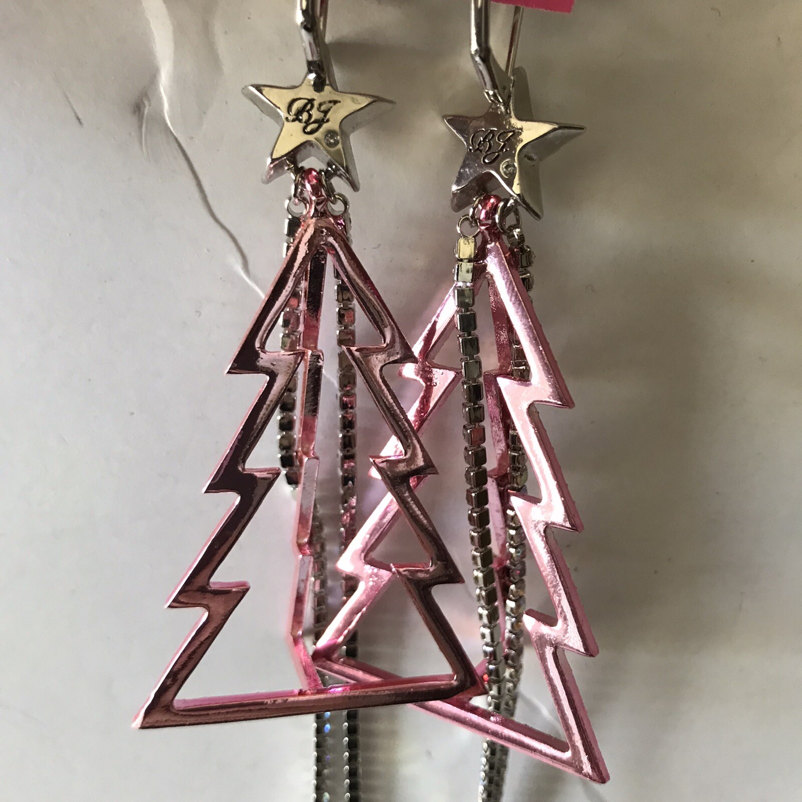 BETSEY JOHNSON PINK HOLIDAY TREE WITH RHINESTONE FRINGE DROP EARRINGS NWT