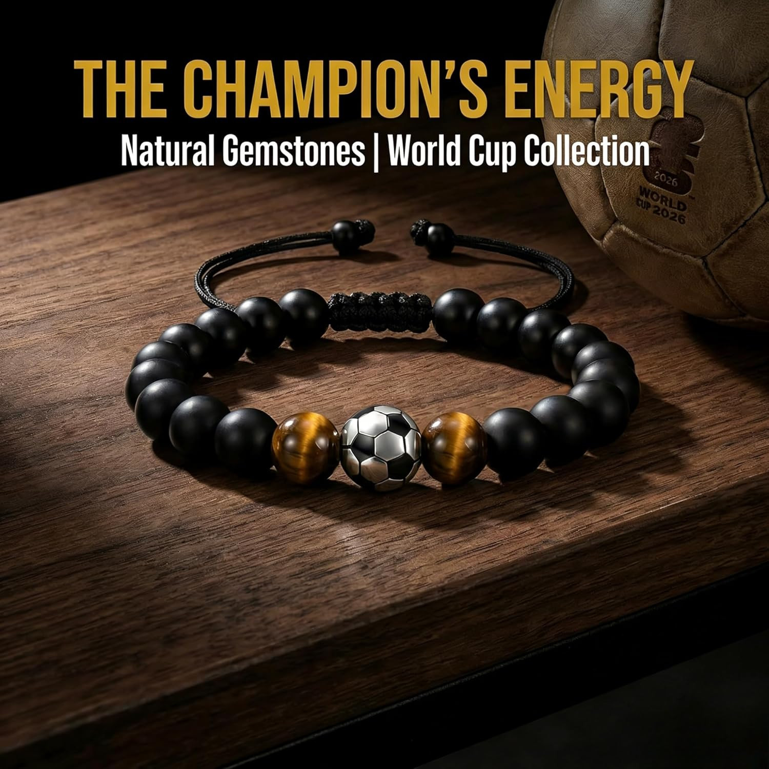 World Cup 2026 Soccer Bracelet for Men, Adjustable Beaded Rope & Leather Soccer