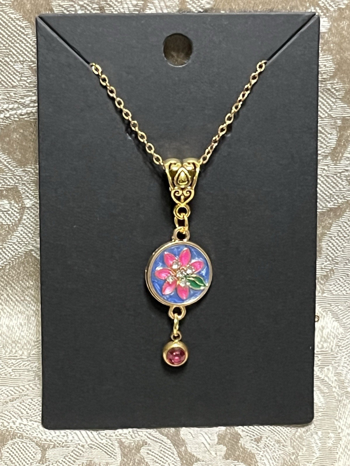 Retro Floral Gem Enamel Pendant Silver 18” Necklace Bohemian Floral Novelty