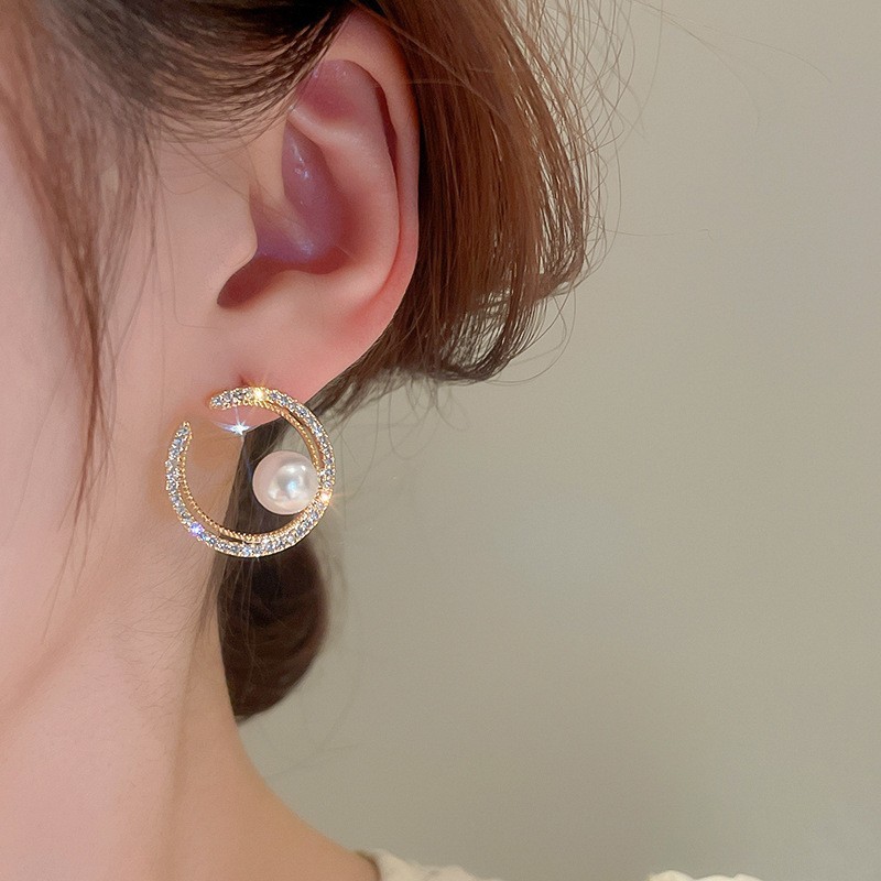 Sparkling Clear CZ Pavé C-shaped & White Pearl Golden Stud Earrings