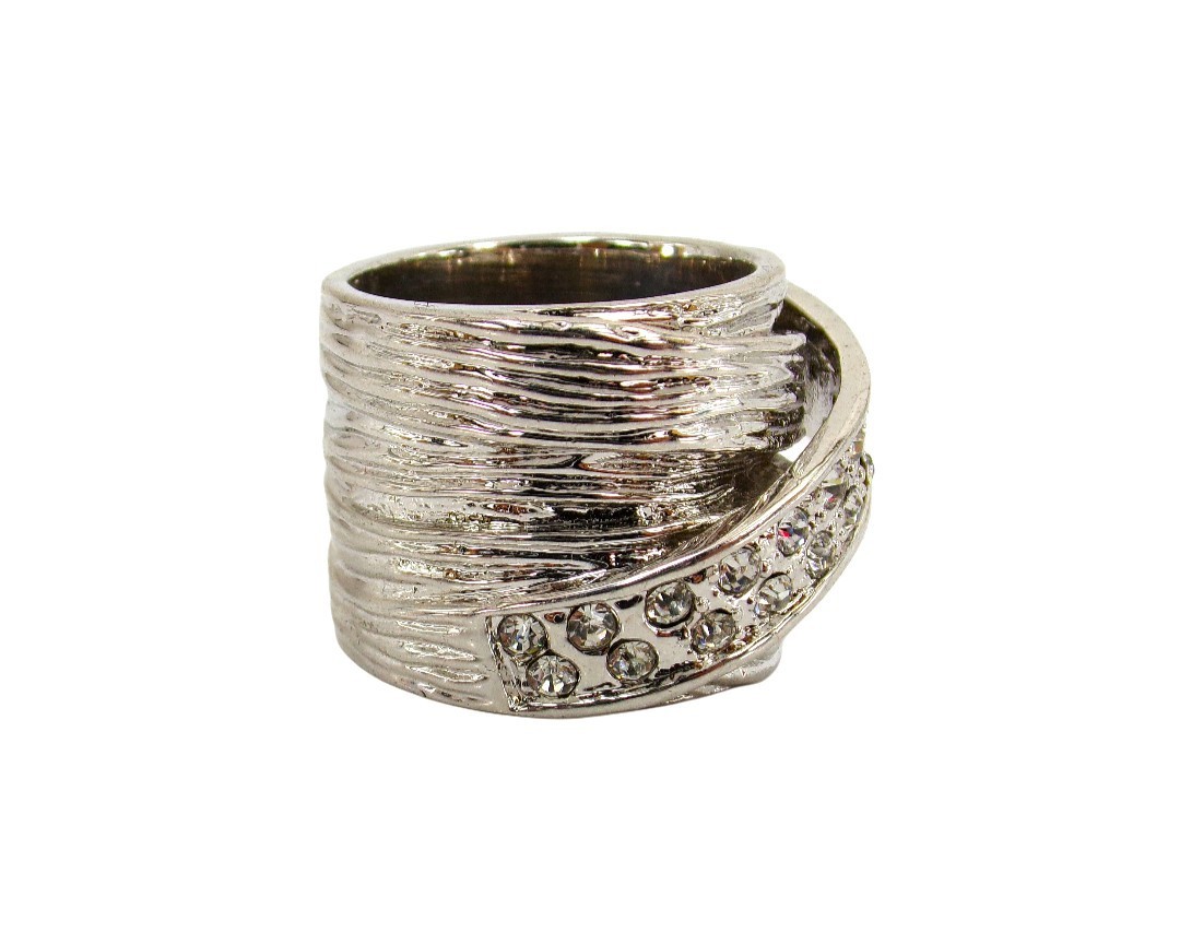 Large wide silver band ring with clear cubic zirconia stone wrap Size 7 NEW