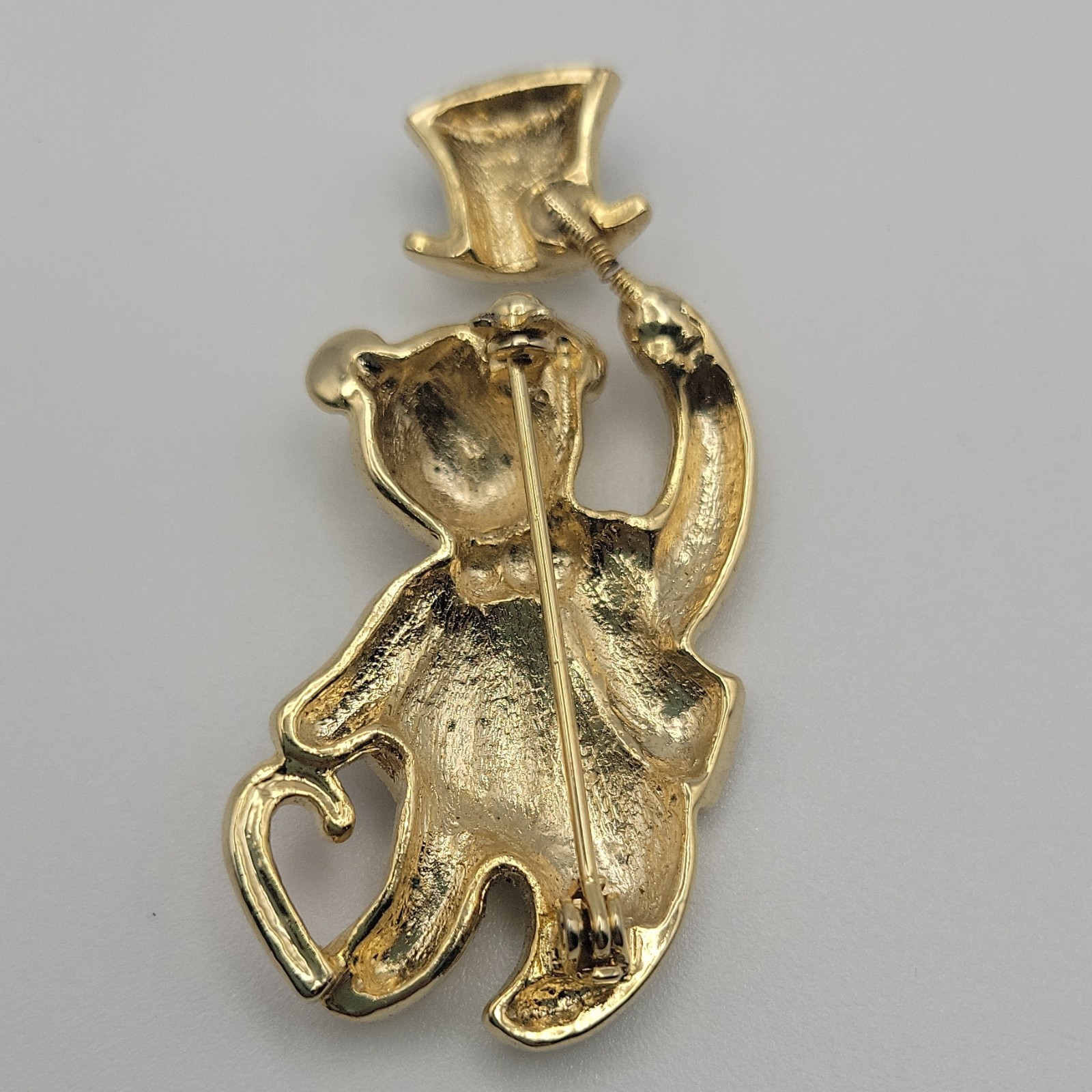 Gold Tone Enamel Teddy Bear Brooch Pin Top Hat Clear Crystal Eyes 2in