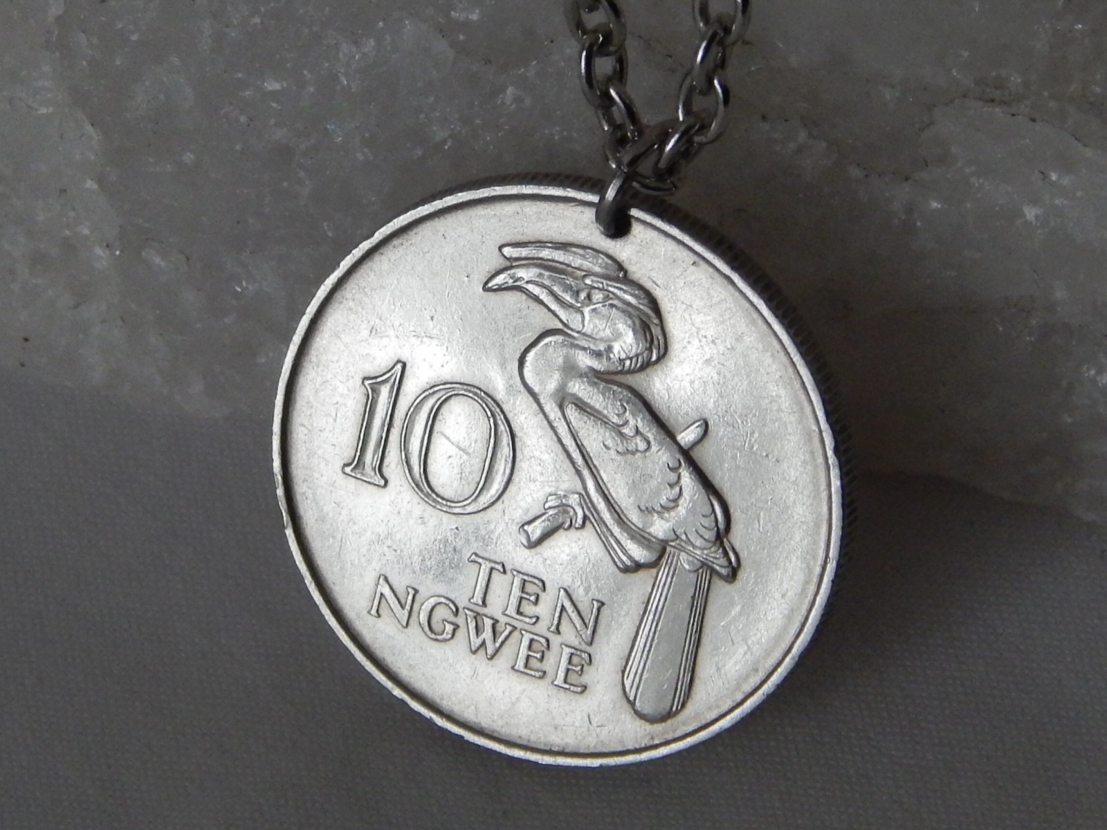 1968 Zambia 10 Ngwee Coin Pendant Necklace Hornbill Bird #205
