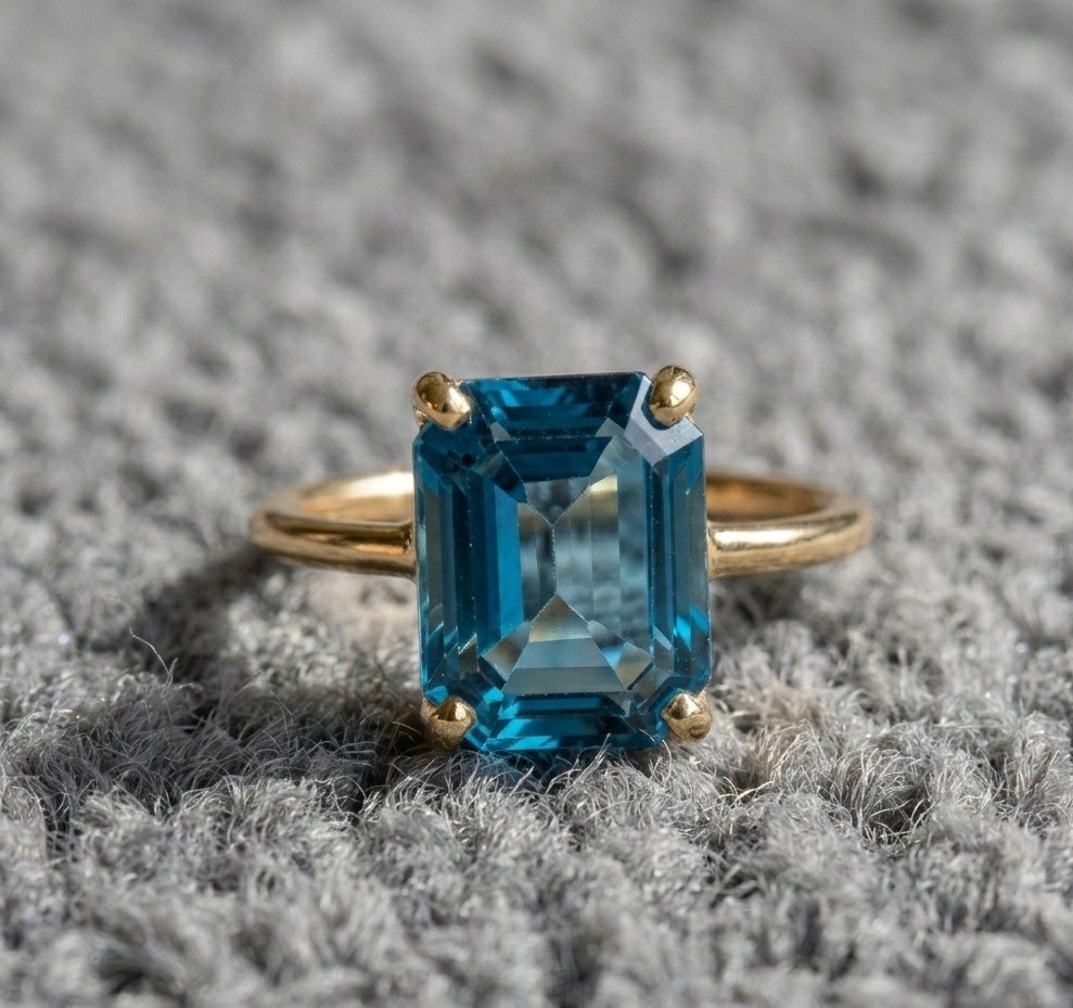 Women Swiss Blue Topaz 925 Silver Ring Emerald Cut Elegant Gift for Her