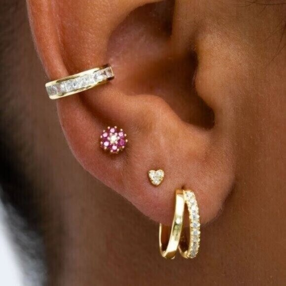 Everyday Huggie Earrings Double Huggies Gold CZ Pave Dainty Small Gold Hoops