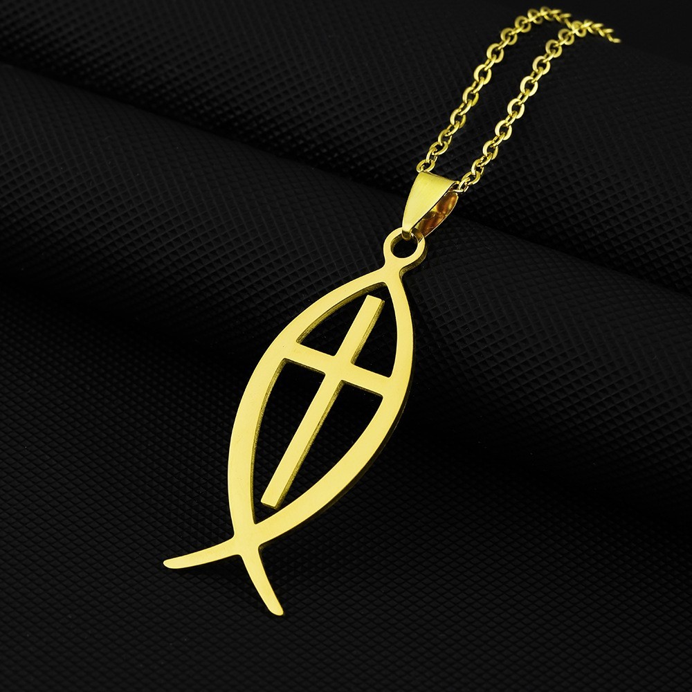 Stainless steel Christian Faith Symbol Fish Hollow Cross Pendant Necklace Gift