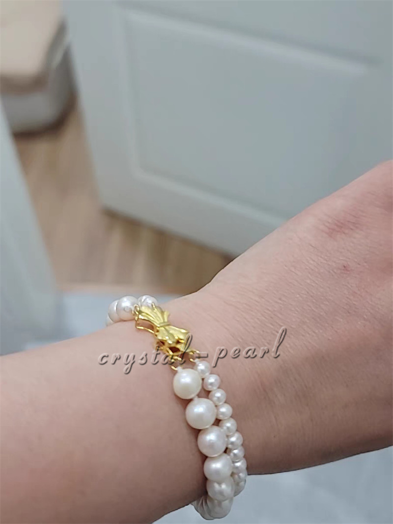 2 ROWS AAA 7-8MM NATURAL AKOYA WHITE PEARL BRACELET 14k CLASP 7.5-8 INCH