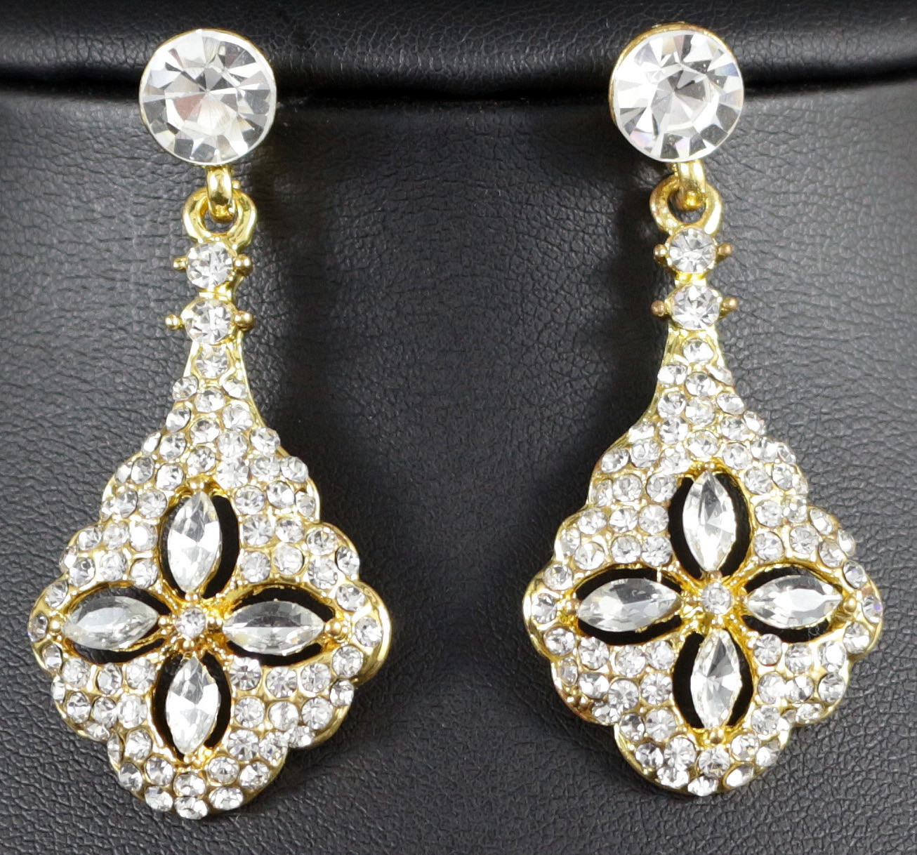 Ice Flower Gold Austrian Crystal Rhinestone Dangle Earrings Bridle Prom E30g