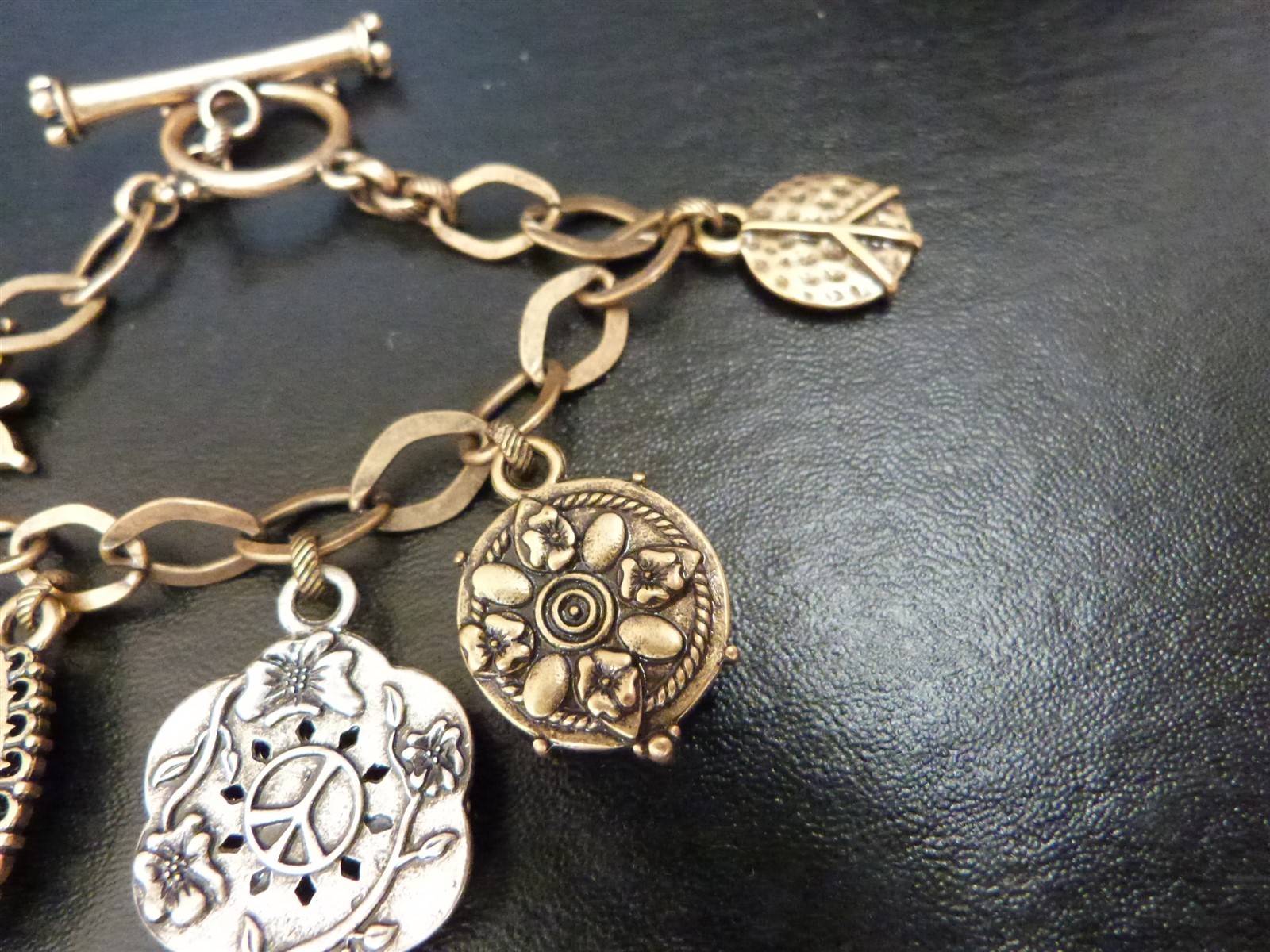 Lucky Brand jewelry lot charm bracelet Asian inspired floral dragon peace sign