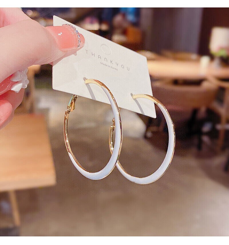 Awesome New Yellow Gold Plated White Enamel Accented Round 2″ Hoop Earrings