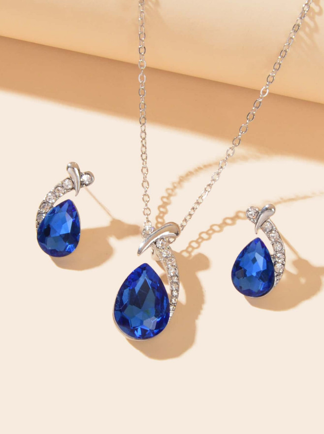3 PCS Women Jewelry Set Blue Sunflower Synthetic Sapphire Necklace Earrings Gift