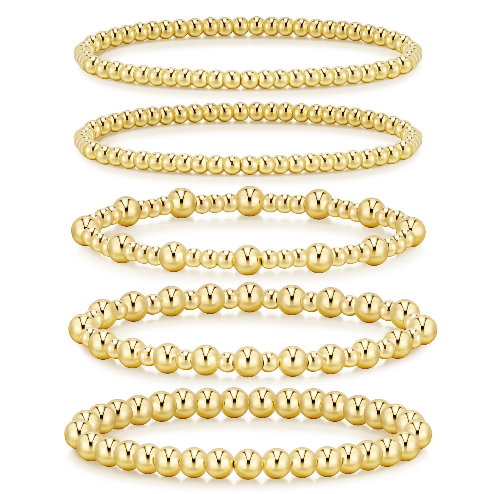 14K Gold Plated Beaded Stretch Bracelets Set for Women – Adjustable Jewelry