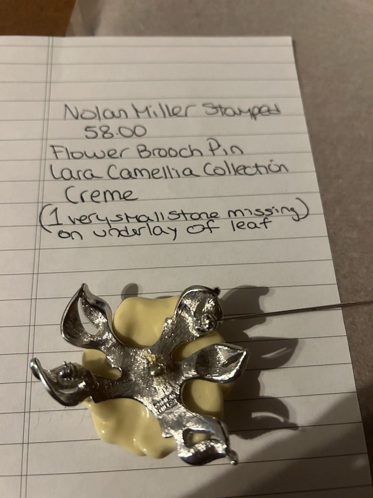 Nolan Miller Vintage Signed Flower Brooch Pin Cream Silver Clear Rhinestones