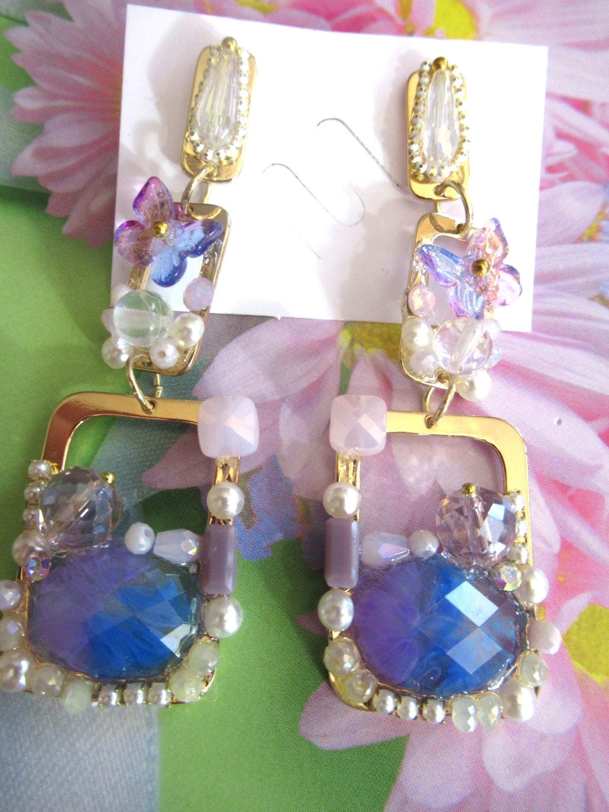 BEAUTIFUL GEMSTONES BLUE PINK BUTTERFLY GOLD DANGLE EARRINGS NWT