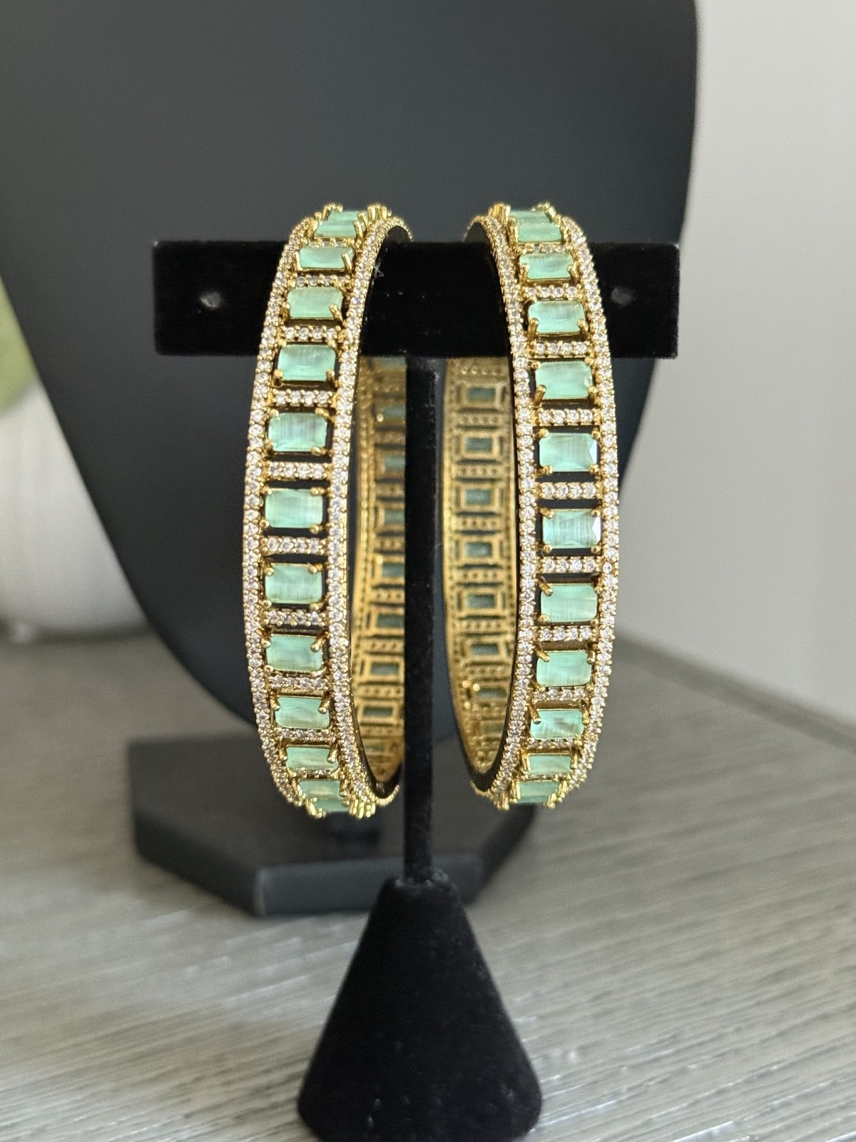 Mint Green CZ Gold Tone Bangle Bracelet Set of 2 Indian Pakistani Jewelry 2.10