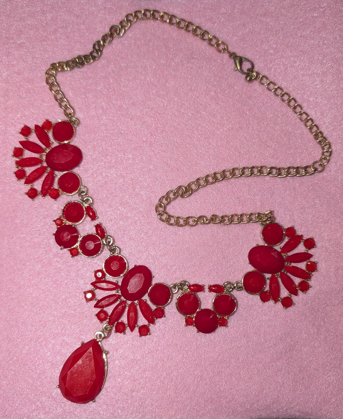 Gold Tone Statement Bib Cable Chain Red Simulated Rhinestone Teardrop Drop