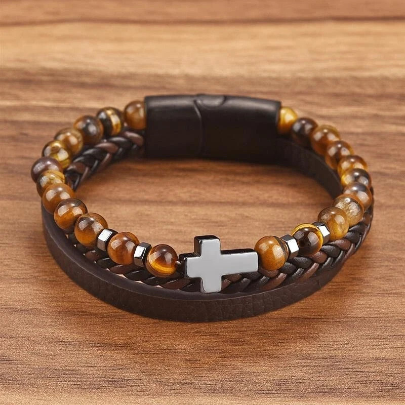 Men’s Cross Leather Braided Bracelet Tiger Eye Stone Protection Cuff Bangle Gift
