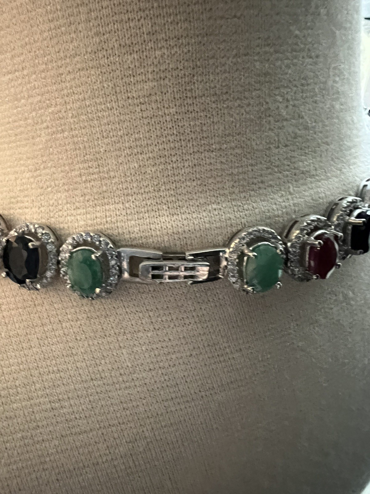 Cocktail Party Sterling Silver Red Green Blue Earring Necklace B/Rings Set Women