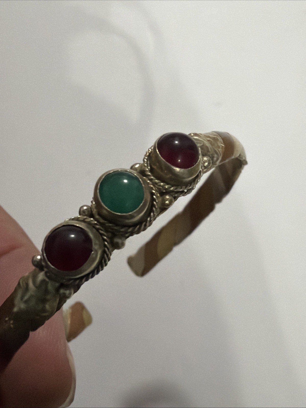 Vintage 3 Metal Braided Cuff Rope, Green & Red Stone, Copper Tone Bracelet —(G)
