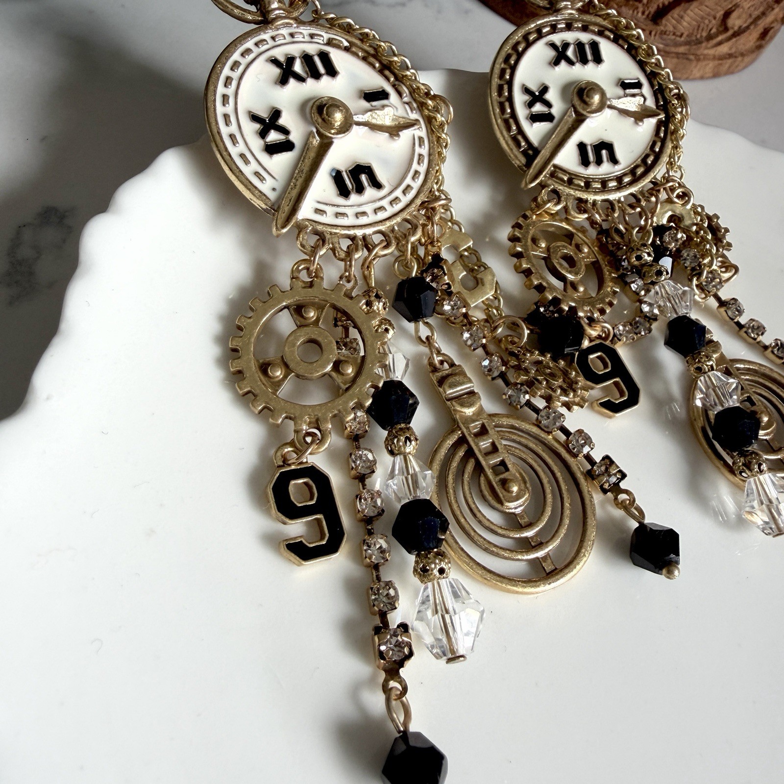 Gold Vintage Style Clock Earrings Steampunk Style Gears Jumbo Jewelry Gift NEW