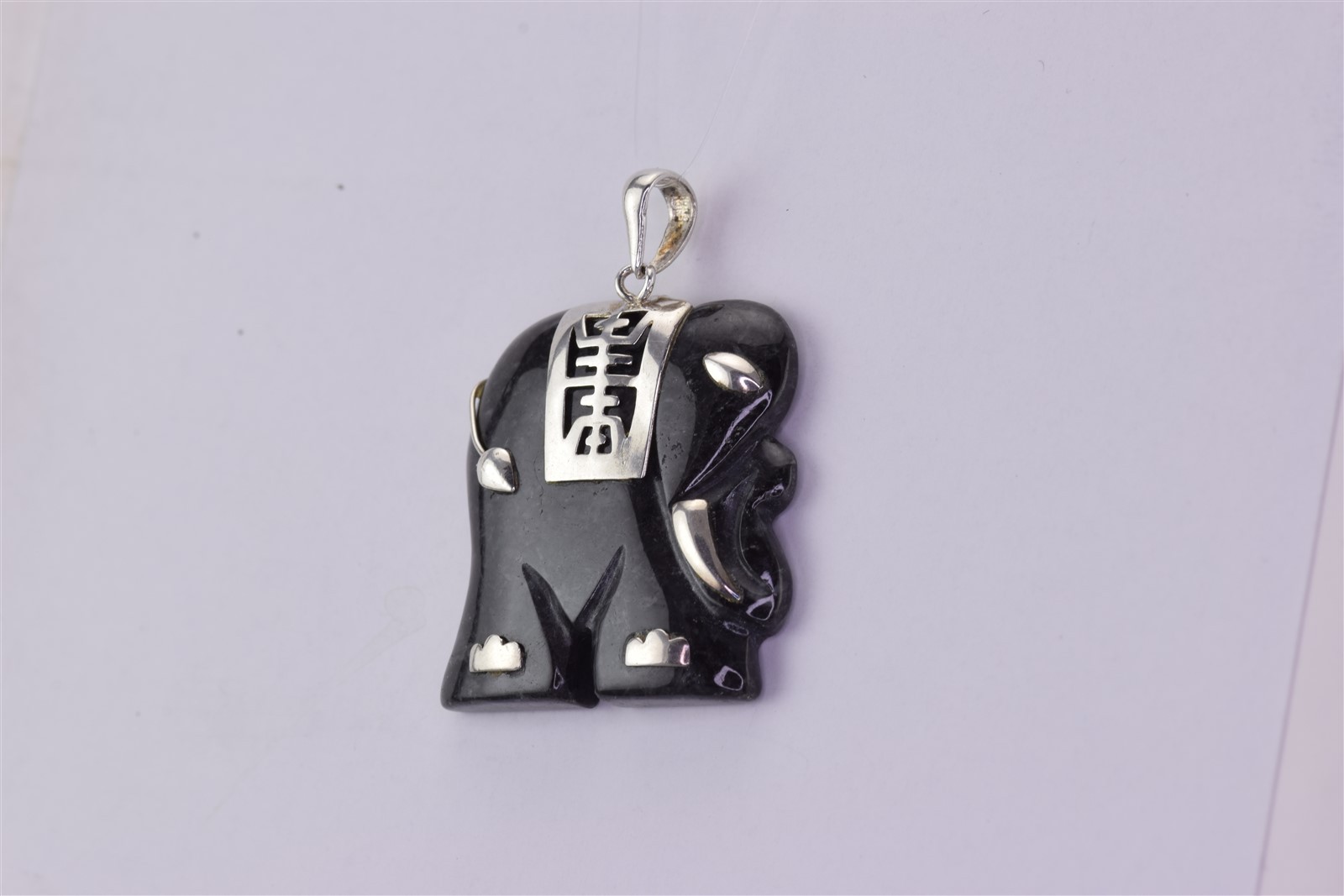Sterling Silver 25mm x 25mm Carved Obsidian Elephant 925 Pendant