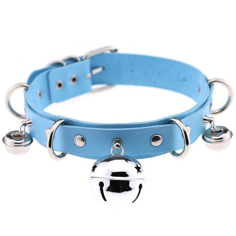Womens Necklace Bondage Punk Gothic Choker Bell Collar Chain PU Leather