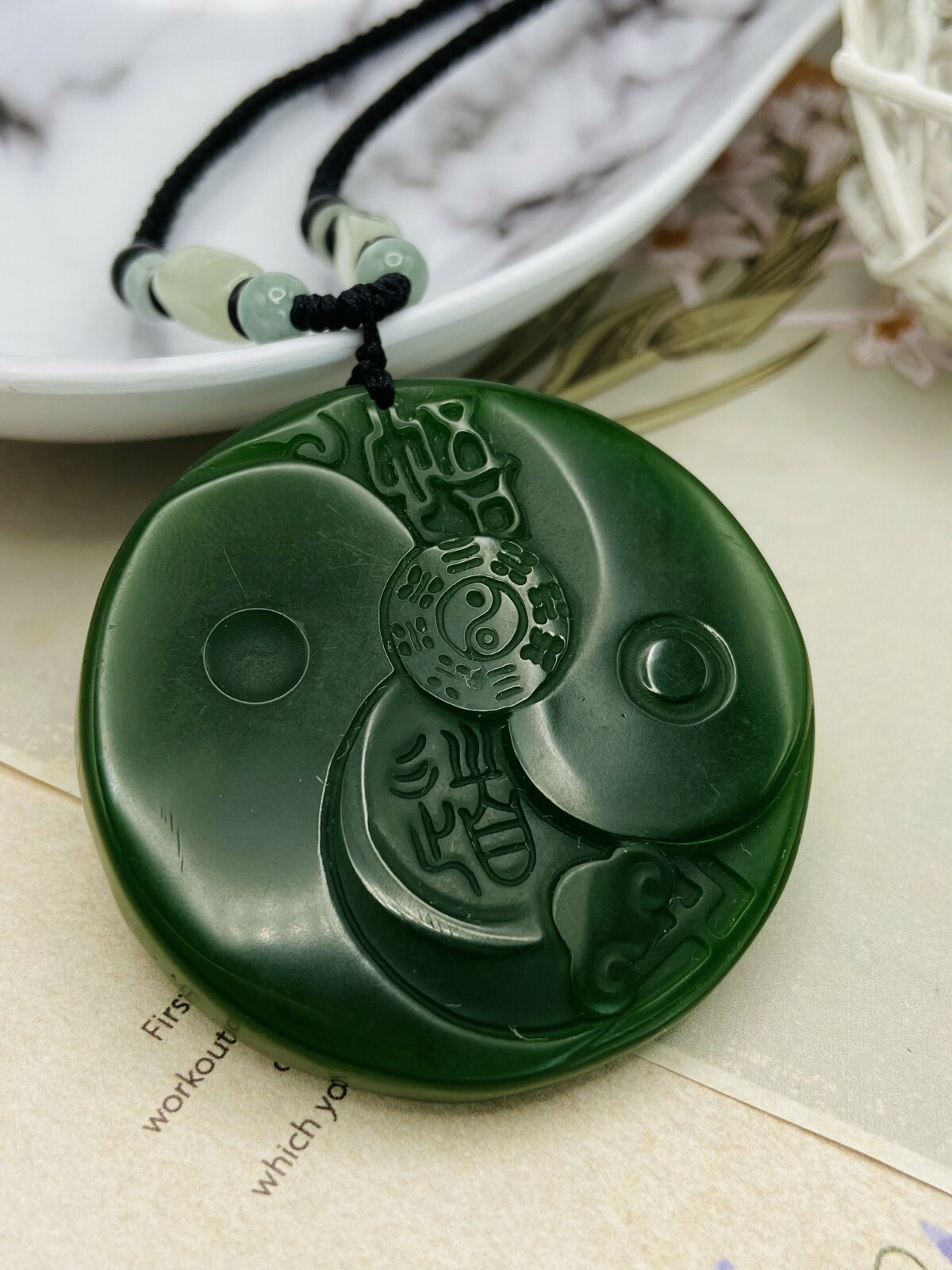 2.0″ Jade Jewelry TaiJi Yin Yang Charm Pendant with Woven Jade Beads Necklace