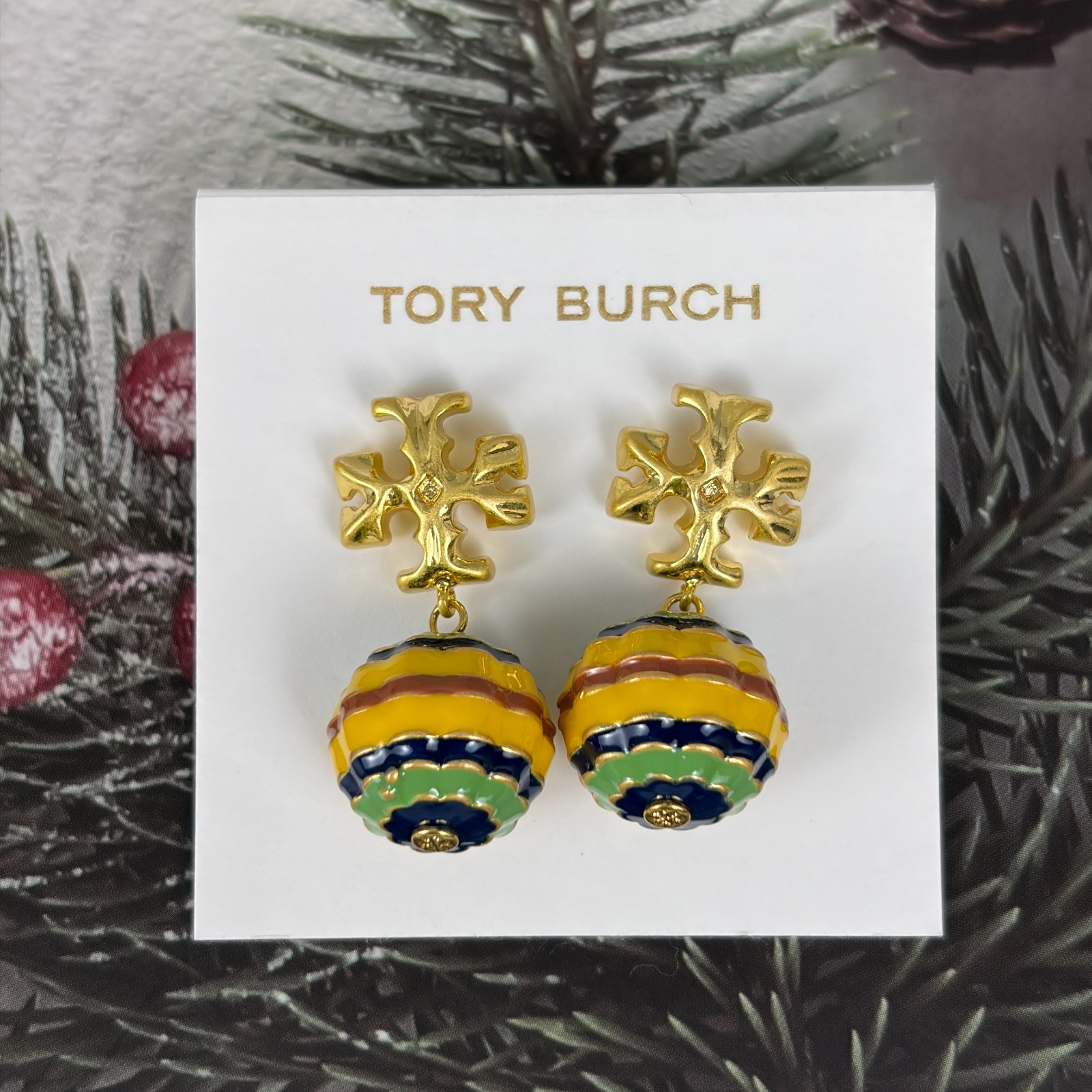 TORY BURCH • Roxanne Logo Rolled Gold Green Navy Drop Earrings