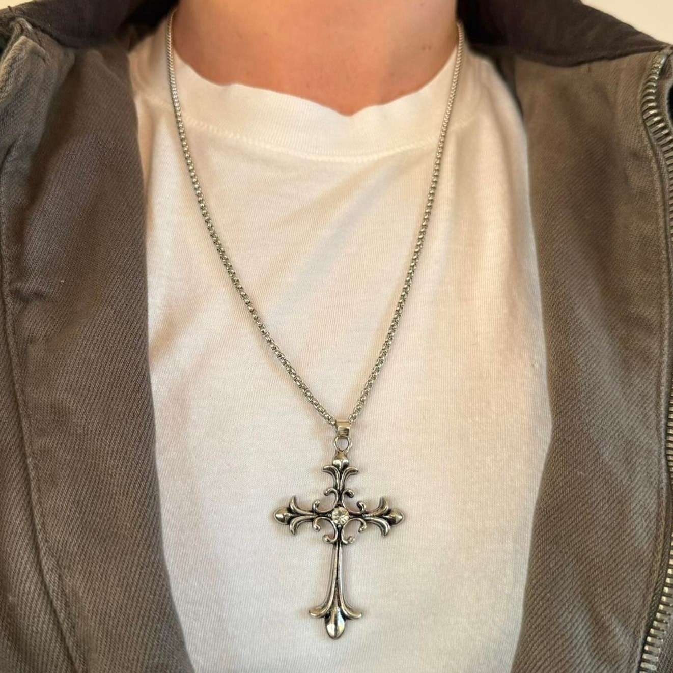 Silver Gothic Cross Pendant Necklace Unisex Stainless Steel Jewelry New