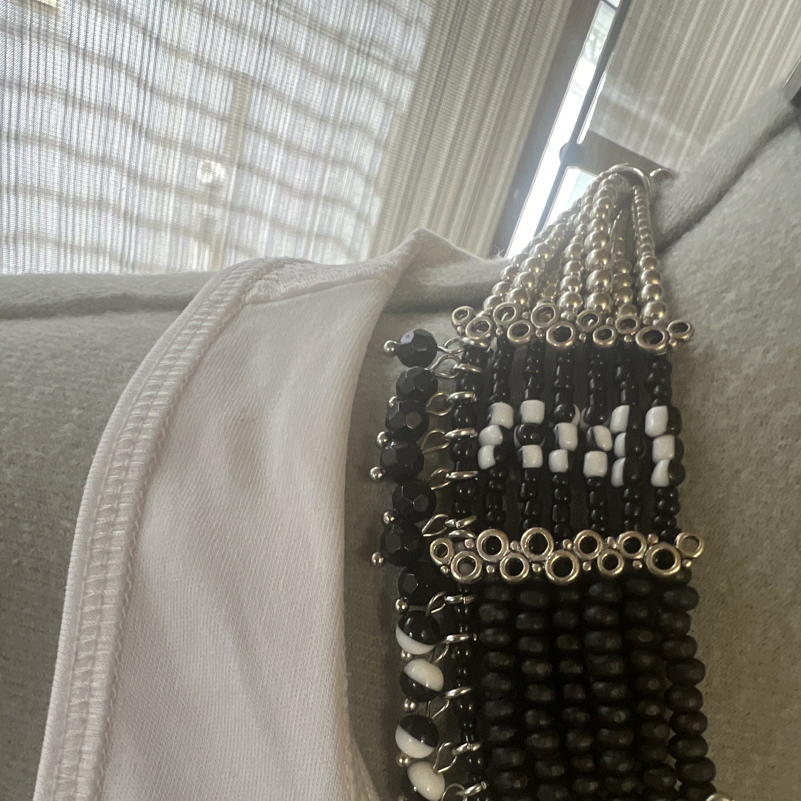 Black & White Beaded Statement Bib Necklace, Silver Tone Cable Chain, Adjustable