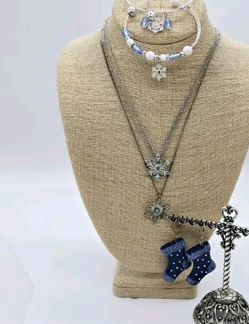 Snowflake Christmas Necklace Bracelet Earring Lot Blue Silver tone Set of 5