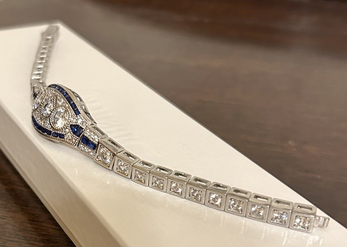 Silver Sapphire Blue CZ & Diamond CZ Art Deco Art Nouveau Inspired Bracelet NWT