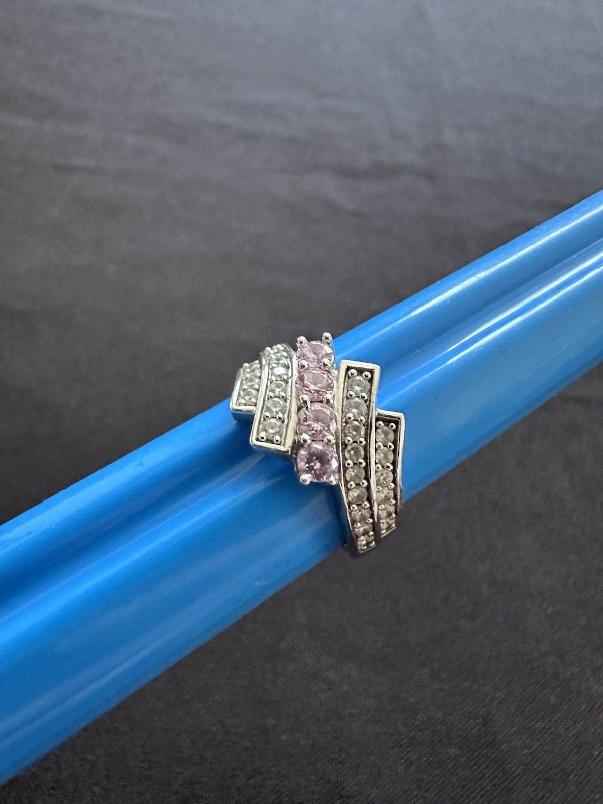 925 Sterling Silver Cubic Zirconia Clear Pink Cocktail Channel Set Wave Size M