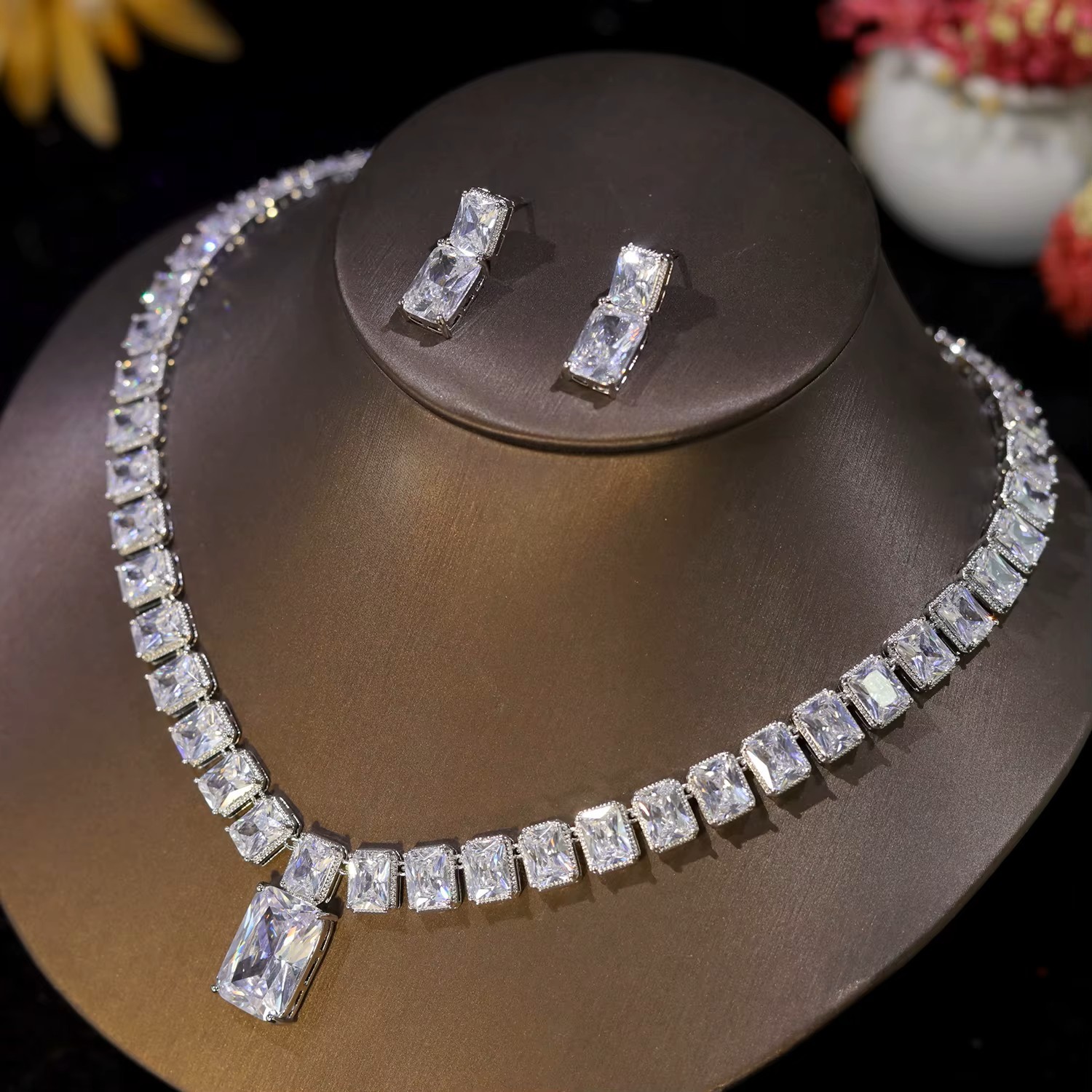 2sets Bridal Jewelry Wedding Party Cubic Zirconia Crystal Necklace Prom Birthday