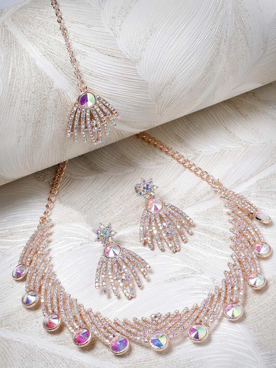 Rose Gold Plated Rainbow Stones Collar Bone Necklace Set With Earring And Maangt