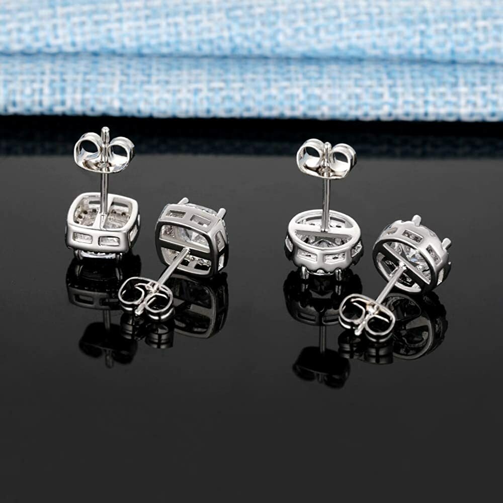 925 Sterling Silver Round Square Cubic Zirconia Halo Stud Earrings 2 Pair Set