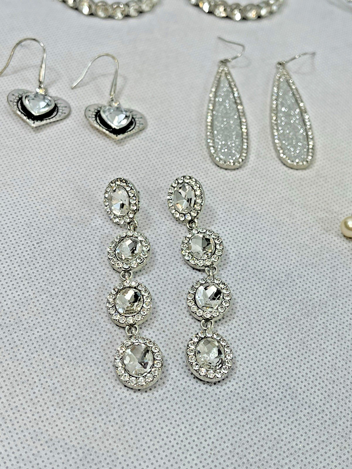 8 Pair Pierced EARRINGS LOT Faux Diamond Rhinestone Pearl Silver Tone Hoop Stud+