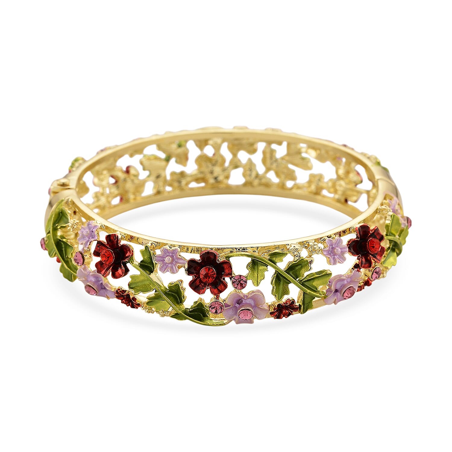 Red Pink Crystal, Multi Color Enameled Floral Bangle Bracelet Goldtone 7-7.5In