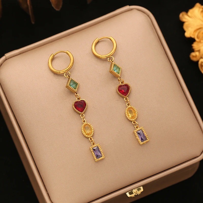 316L Stainless Steel Colored Zircon Necklace Earrings Set Luxury Sparkling Cryst